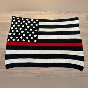 FIREMEN Black Red Stripe FLAG AFGHAN THROW HAND MADE 60x50 BEAUTIFUL 🇺🇲